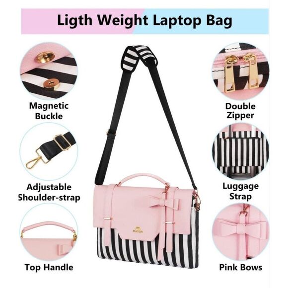 Laptop Bag Women Pink Black 17" Laptops Case Work Tote Multiple Compartments - Picture 3 of 6
